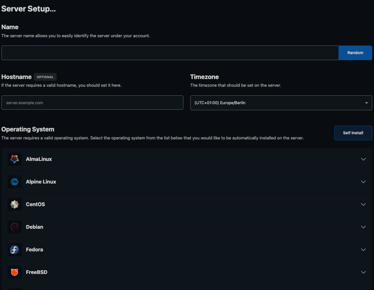 Server Setup screen with Name and Random button, optional Hostname, Timezone, and the Operating System list