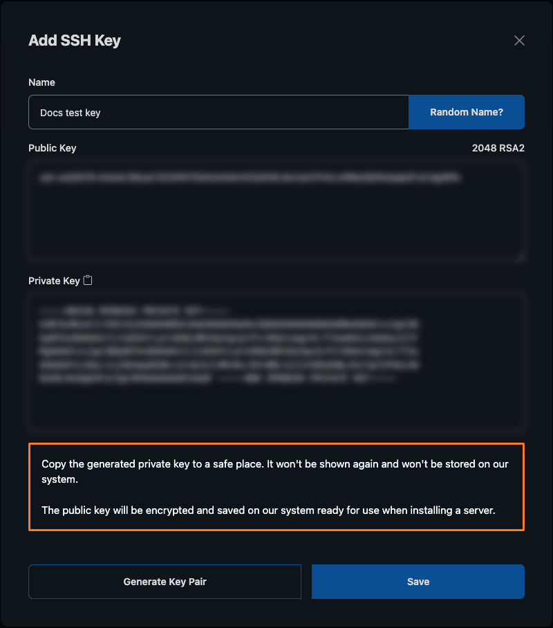 Add SSH Key window after generating, with the Public Key and Private Key boxes filled in and blurred, and a copy icon