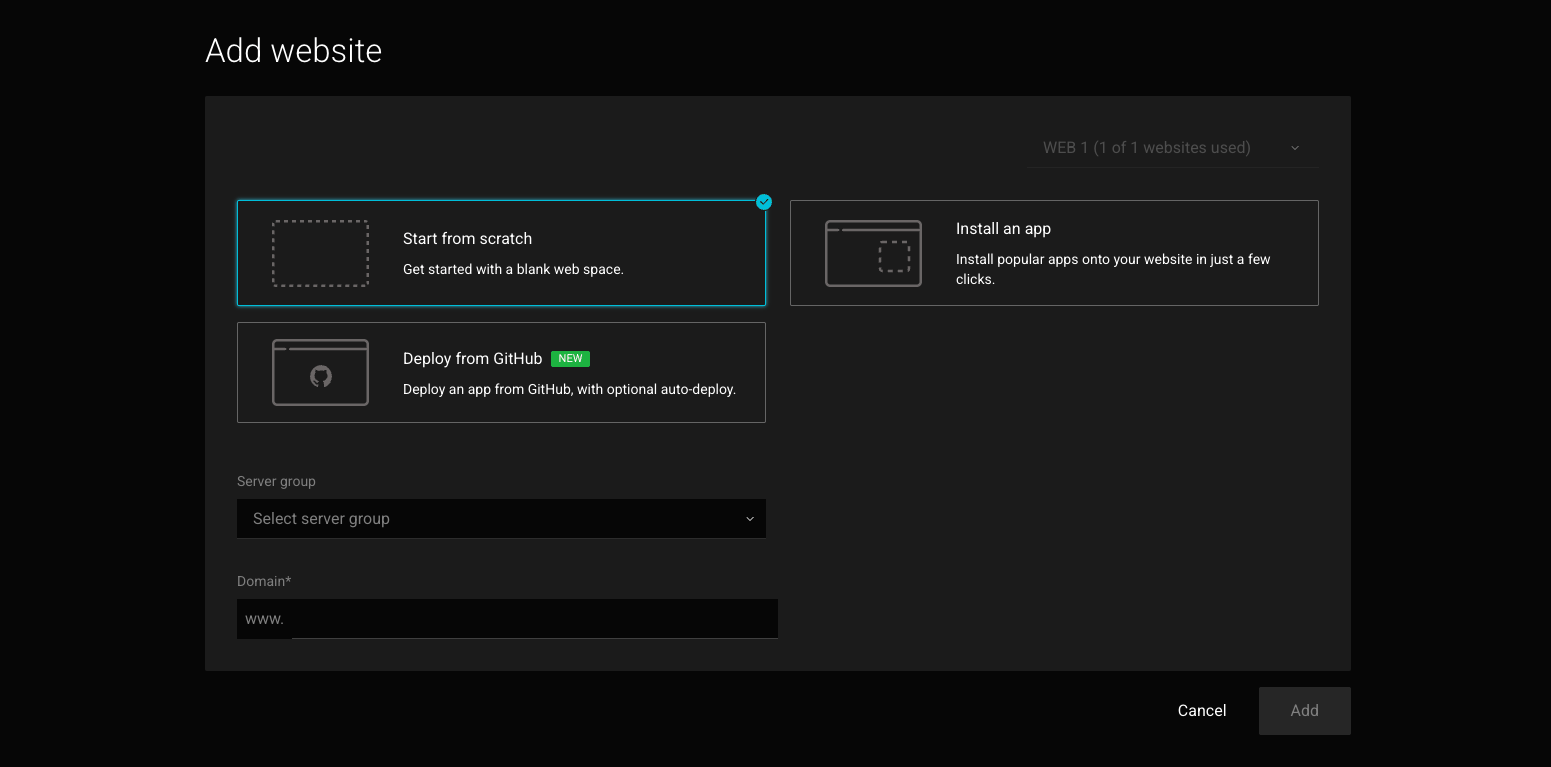 Add website form with a plan selector showing 1 of 1 websites used, choices Start from scratch, Install an app and Deploy from GitHub, a Server group drop-down and a Domain field starting with www.