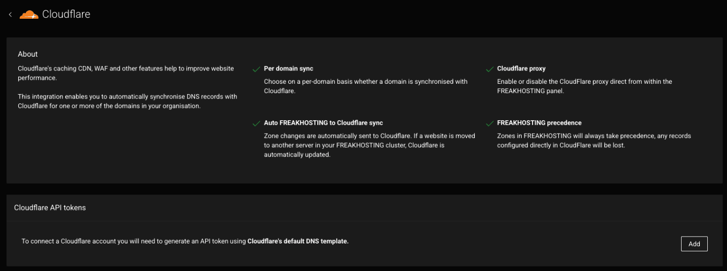 Cloudflare integration page listing Per domain sync, Cloudflare proxy, Auto FREAKHOSTING to Cloudflare sync and FREAKHOSTING precedence, with a Cloudflare API tokens section and an Add button