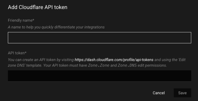 Add Cloudflare API token form with Friendly name and API token fields and Cancel and Save buttons