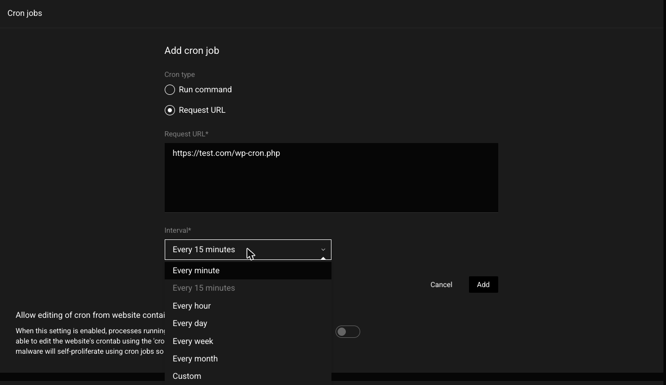 Add cron job form with Run command and Request URL options, a Request URL field, and an Interval drop-down