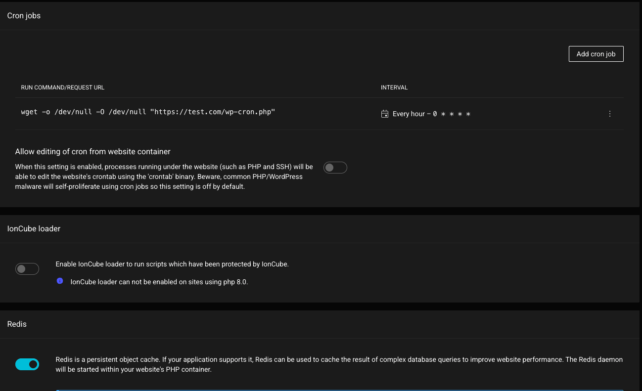 Developer tools page showing a cron job that runs every hour with its command, the Allow editing of cron from website container toggle, and IonCube loader and Redis toggles below