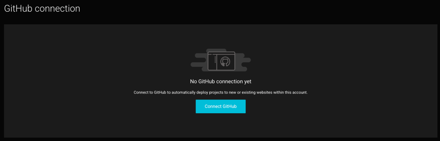 GitHub connection page saying No GitHub connection yet with a Connect GitHub button