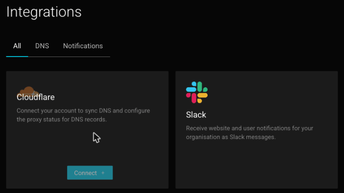 Integrations page with All, DNS and Notifications tabs and cards for Cloudflare, with a Connect button, and Slack