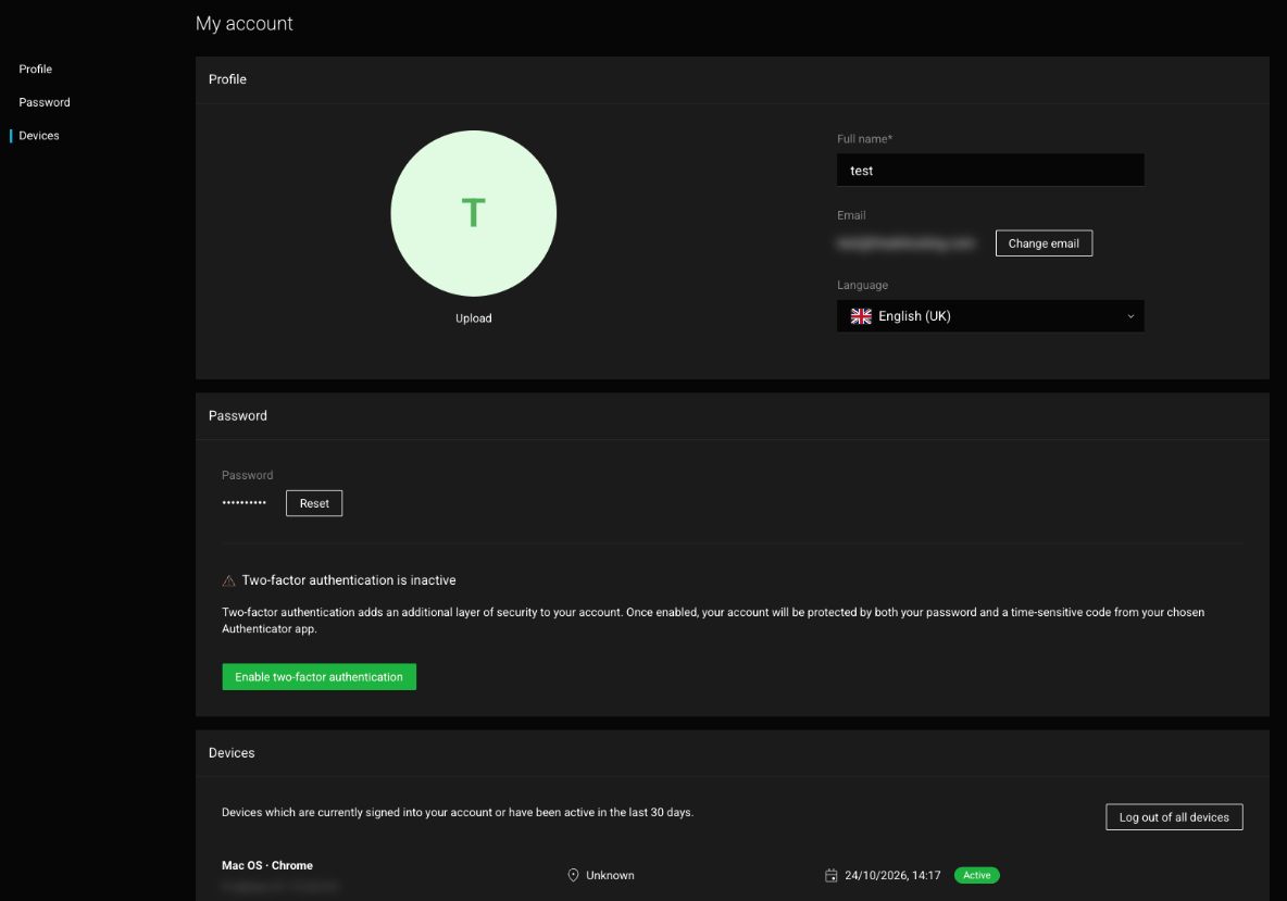 My account page with Profile (avatar, Full name, Email with Change email, Language), Password with Reset, Two-factor authentication is inactive with an Enable button, and Devices