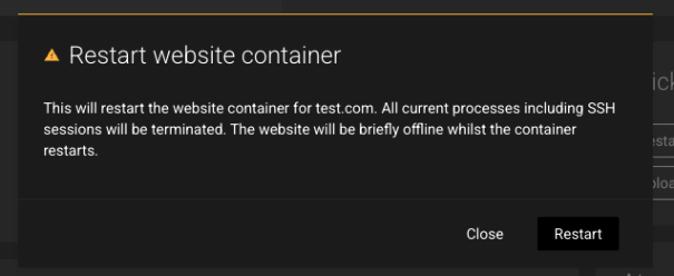 Restart website container dialog warning that all current processes including SSH sessions will be terminated and the website will be briefly offline, with Close and Restart buttons