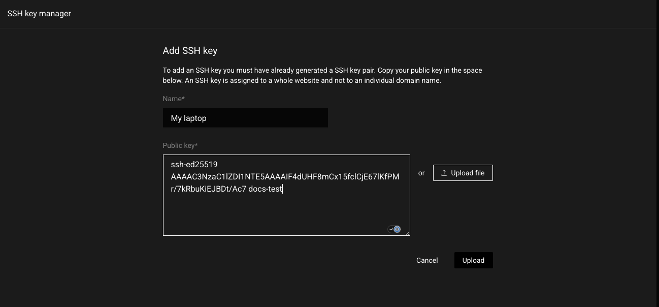 Add SSH key form with a Name field, a Public key box, an Upload file button and Cancel and Upload buttons