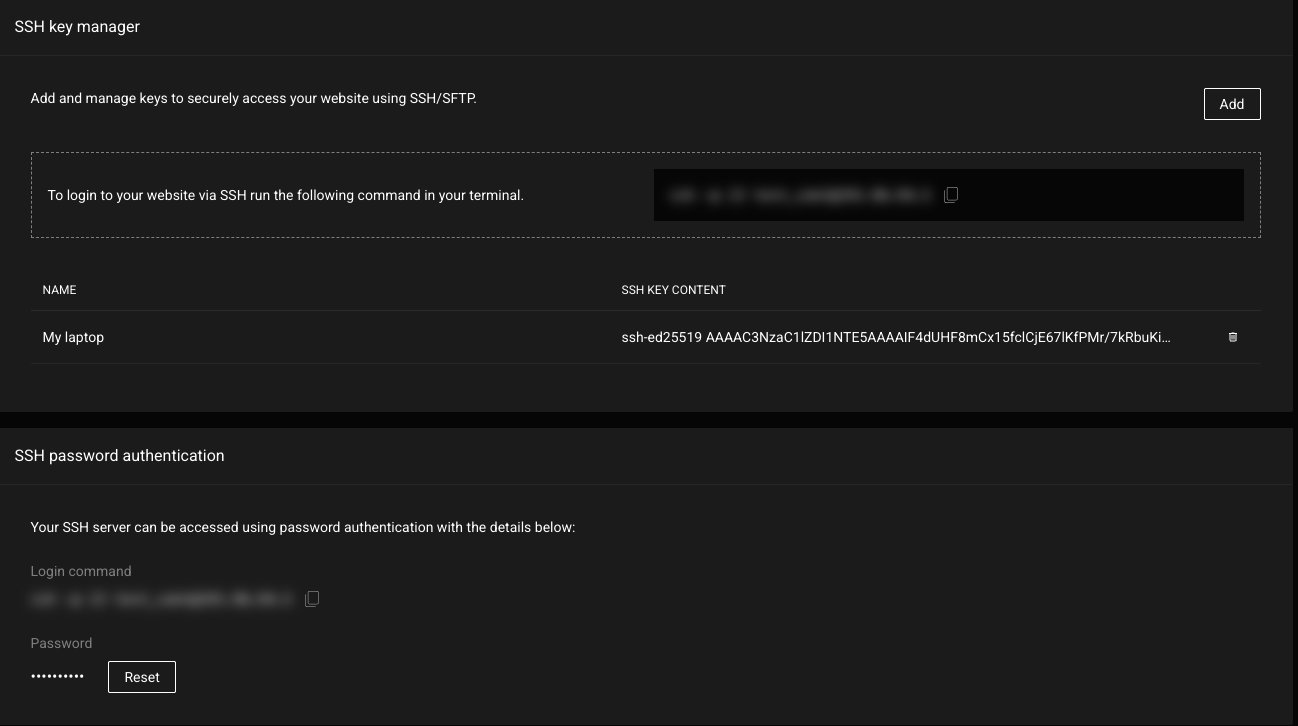 SSH key manager with an Add button, the SSH login command (hidden) with a copy icon, a key named My laptop, and below it SSH password authentication with the login command and a password Reset button