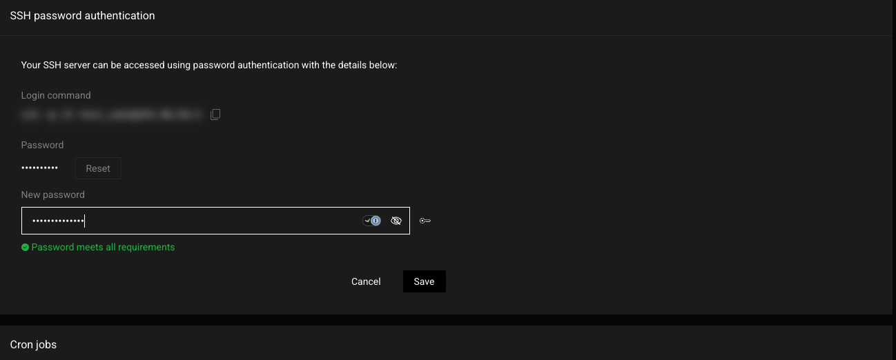 SSH password authentication card with a new password field, the password rules with green ticks, a key generator icon and Cancel and Save buttons