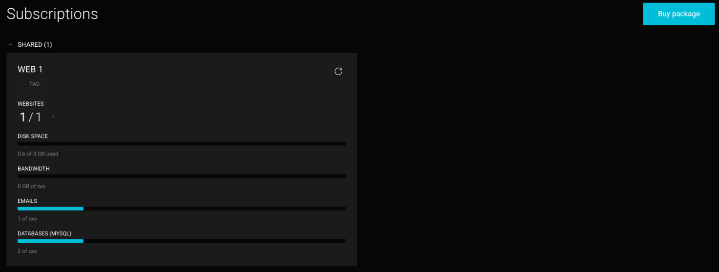 Subscriptions page with a Buy package button and a WEB 1 plan card showing websites 1 of 1, disk space, bandwidth, emails and databases usage bars