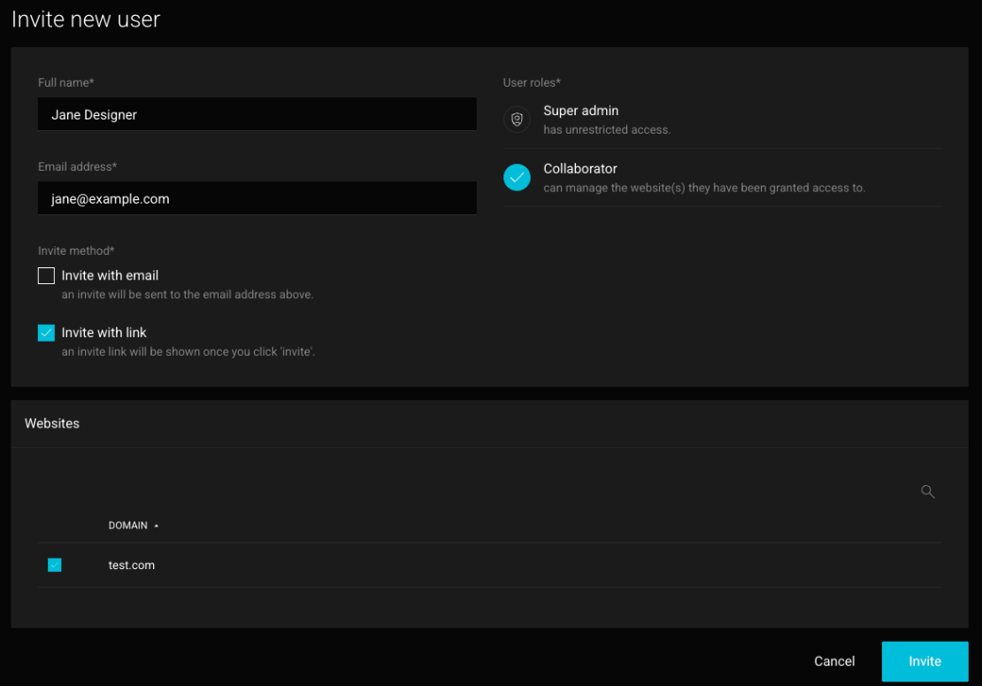 Invite new user form with Full name, Email address, Invite with link ticked, the Collaborator role selected and test.com ticked in the Websites list