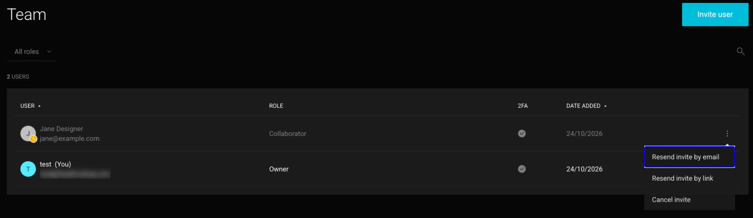 Team list with a pending Collaborator invitation and its menu showing Resend invite by email, Resend invite by link and Cancel invite
