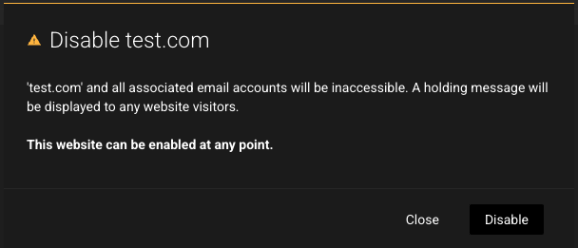 Disable test.com dialog saying the website and all associated email accounts will be inaccessible and that it can be enabled at any point, with Close and Disable buttons