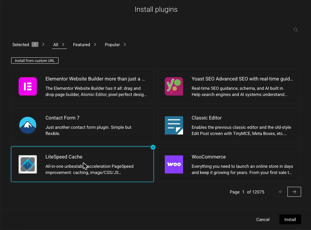 Install plugins window with a search box, Selected, All, Featured and Popular tabs, an Install from custom URL option and plugin cards