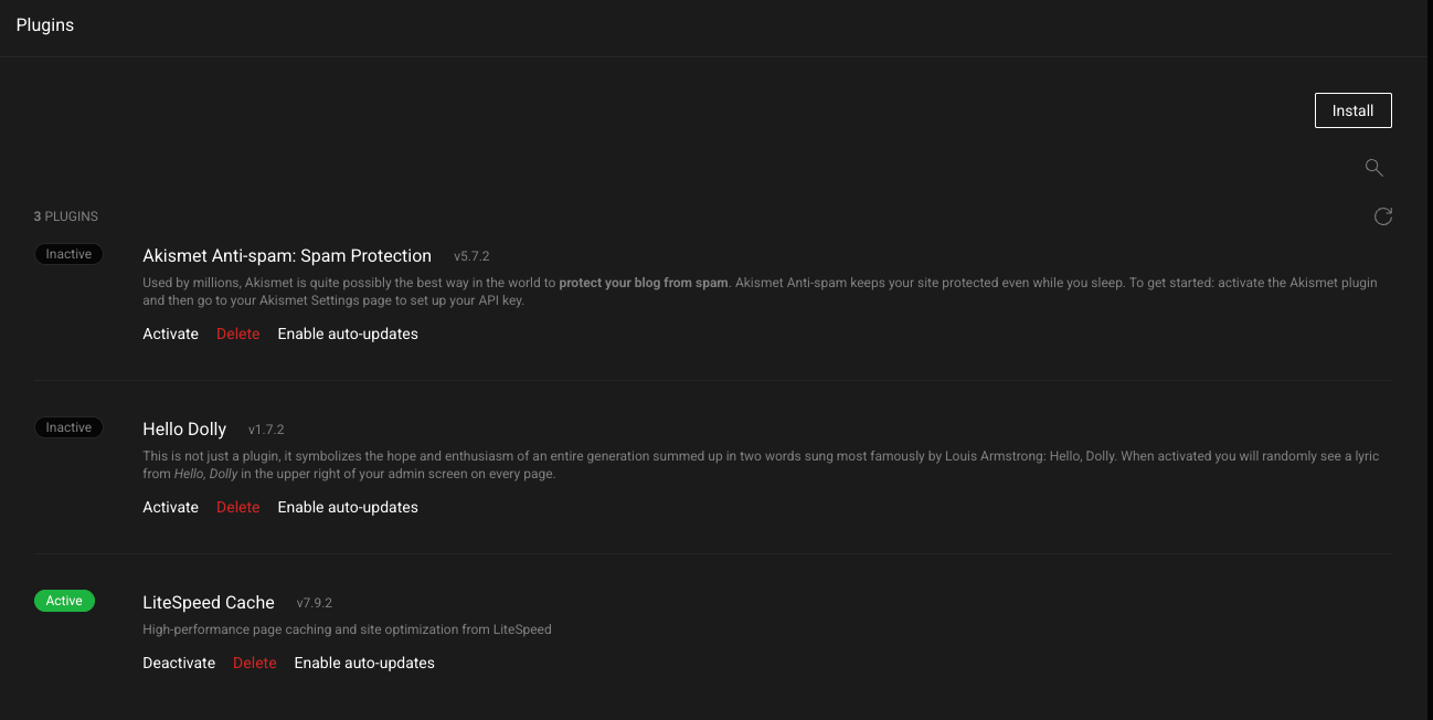 Plugins section listing installed plugins with Activate or Deactivate, Delete and auto-update options, plus Install, refresh and search controls