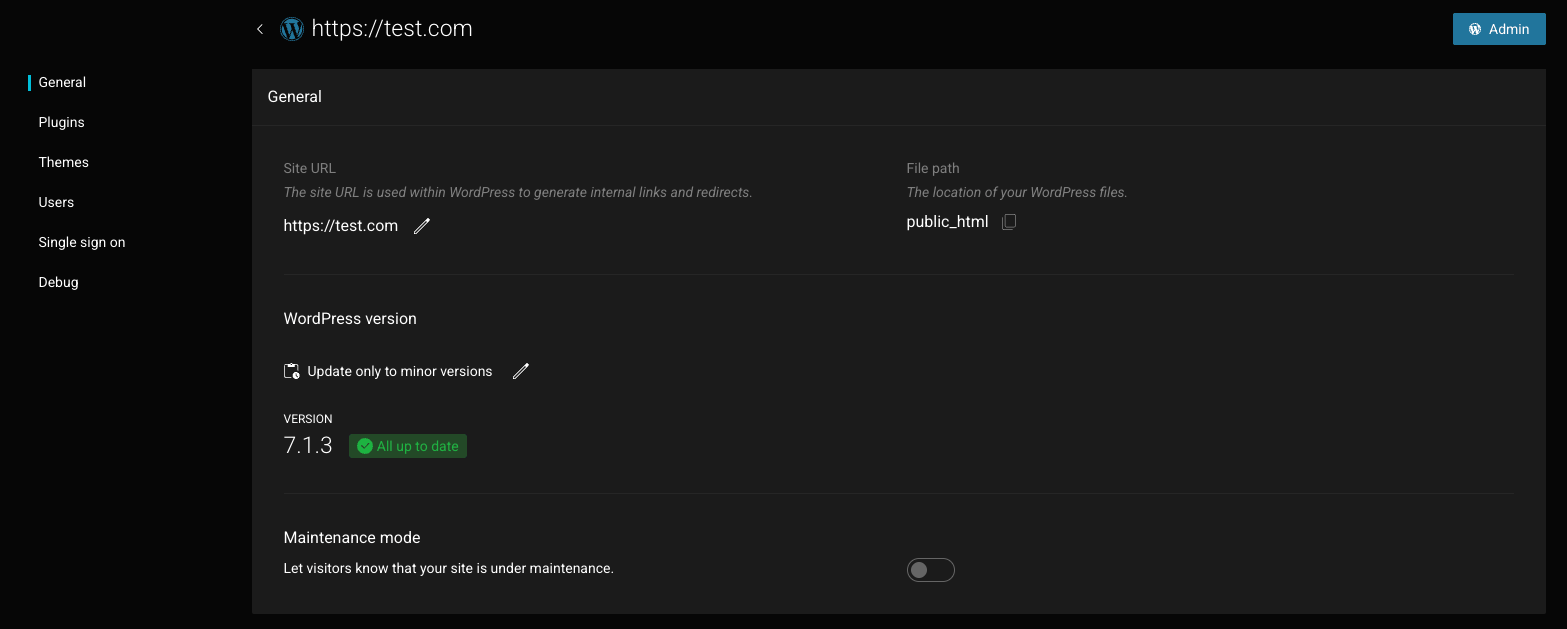 WordPress Toolkit General section showing Site URL, File path, WordPress version with All up to date, the update schedule and the Maintenance mode switch