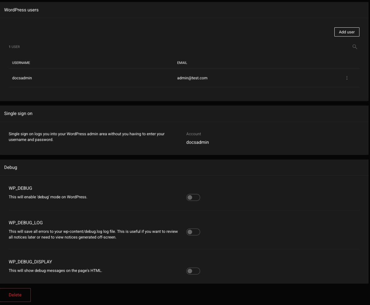 Users section with an Add user button and a user row, the Single sign on account selector and Debug switches for WP_DEBUG, WP_DEBUG_LOG and WP_DEBUG_DISPLAY