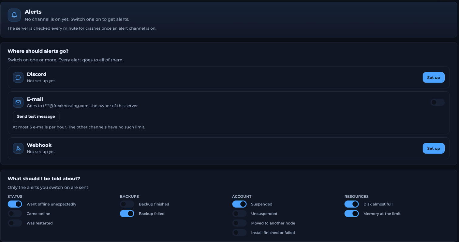 Alerts page with the channels Discord, E-mail and Webhook, and switches for Status, Backups, Account and Resources alerts