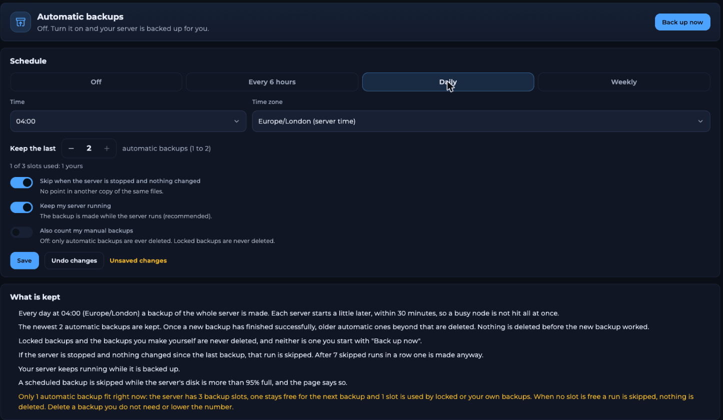 Automatic backups page with Off, Every 6 hours, Daily and Weekly options, a time and time zone, Keep the last 2 automatic backups, three switches, Save and Undo changes buttons and a What is kept explanation