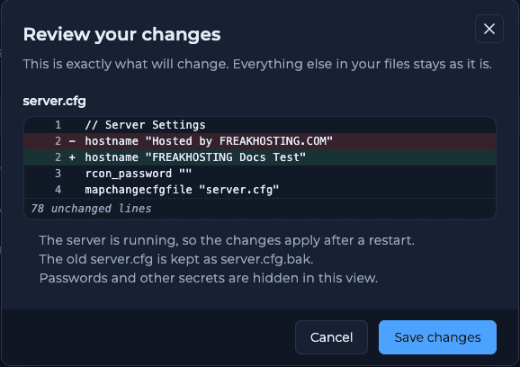 Review your changes window showing a before and after line for hostname in server.cfg, with notes that changes apply after a restart and the old file is kept as server.cfg.bak