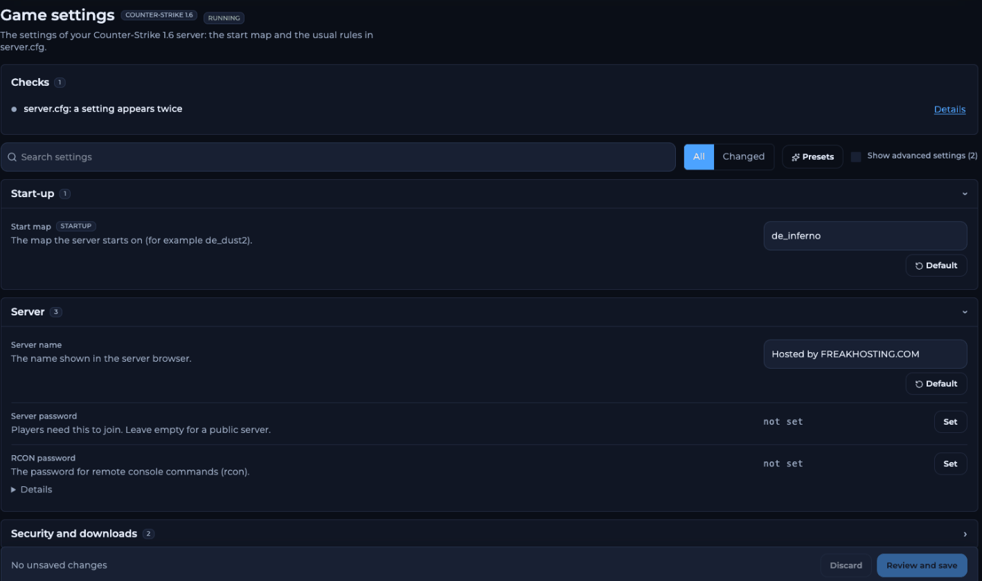 Game settings page with a Checks box, a search field, All and Changed filters, a Presets button, and the Start-up and Server groups with Start map, Server name, Server password and RCON password