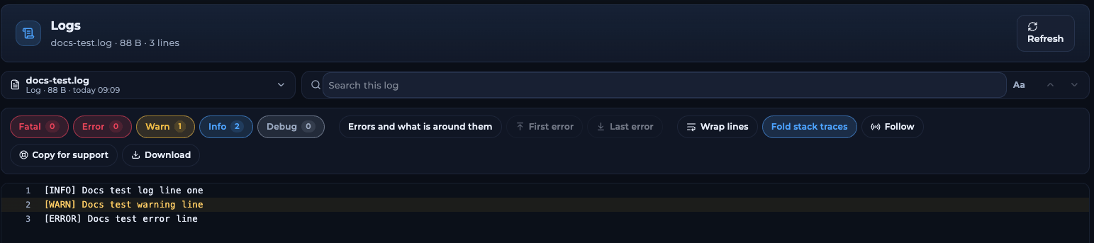 Logs page with a file picker, a search box, Fatal, Error, Warn, Info and Debug counters, buttons for errors, wrap lines, fold stack traces, follow, copy for support and download, and the log lines below