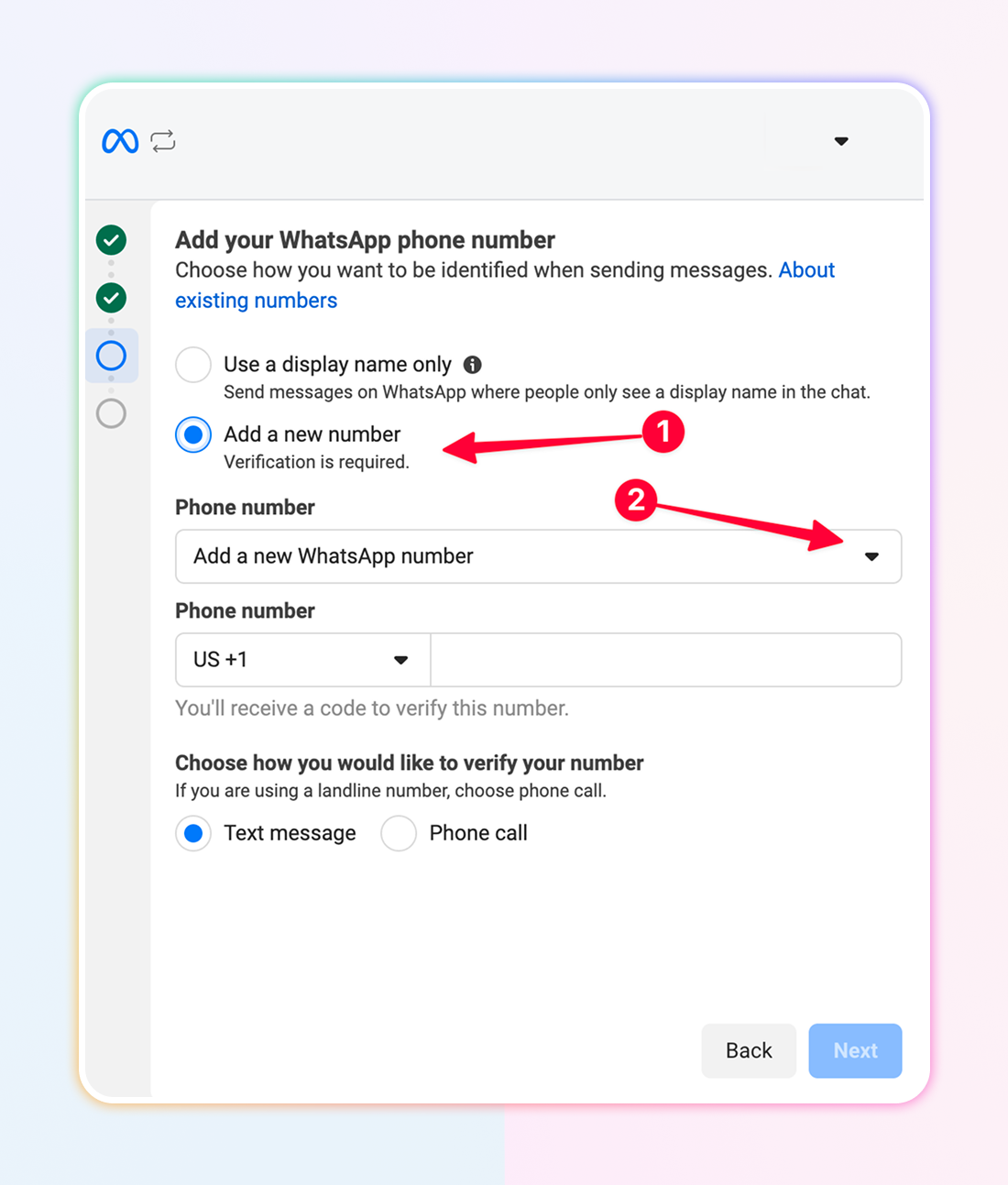 Click Add New Number in Meta signup