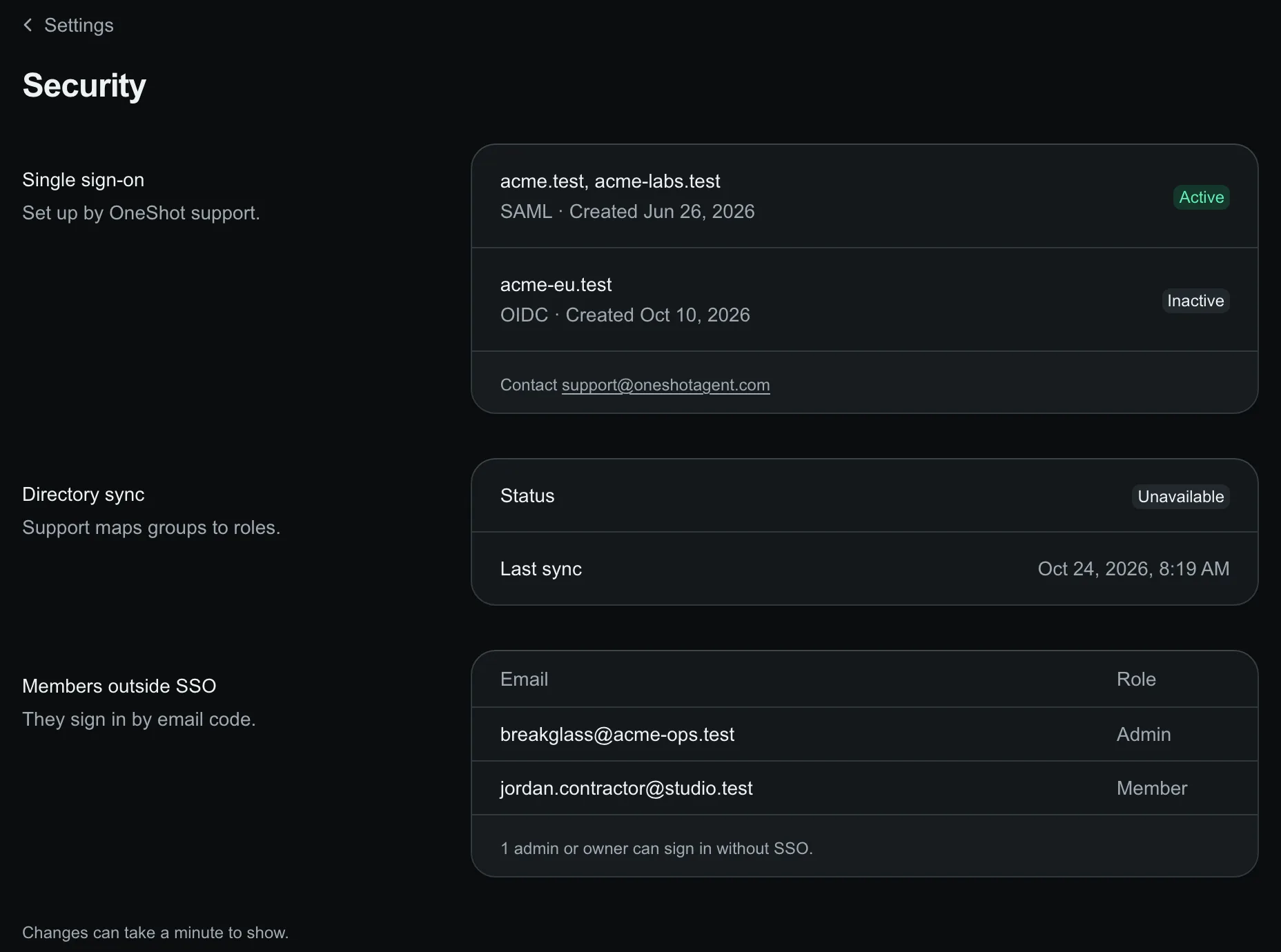 Security page listing two SSO connections with their protocol and status, directory sync status, and two members who sign in by email code