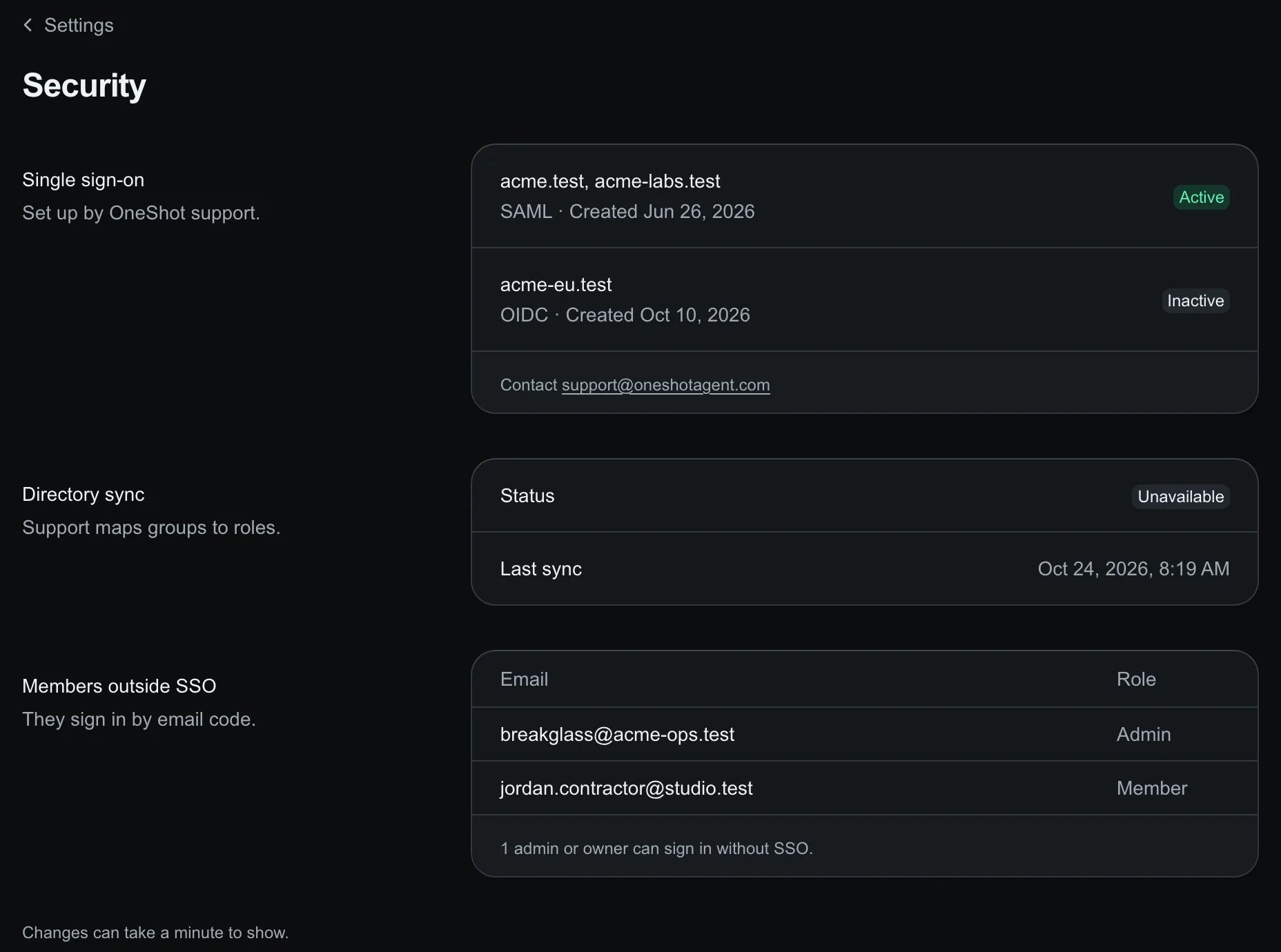 Security page listing two SSO connections with their protocol and status, directory sync status, and two members who sign in by email code