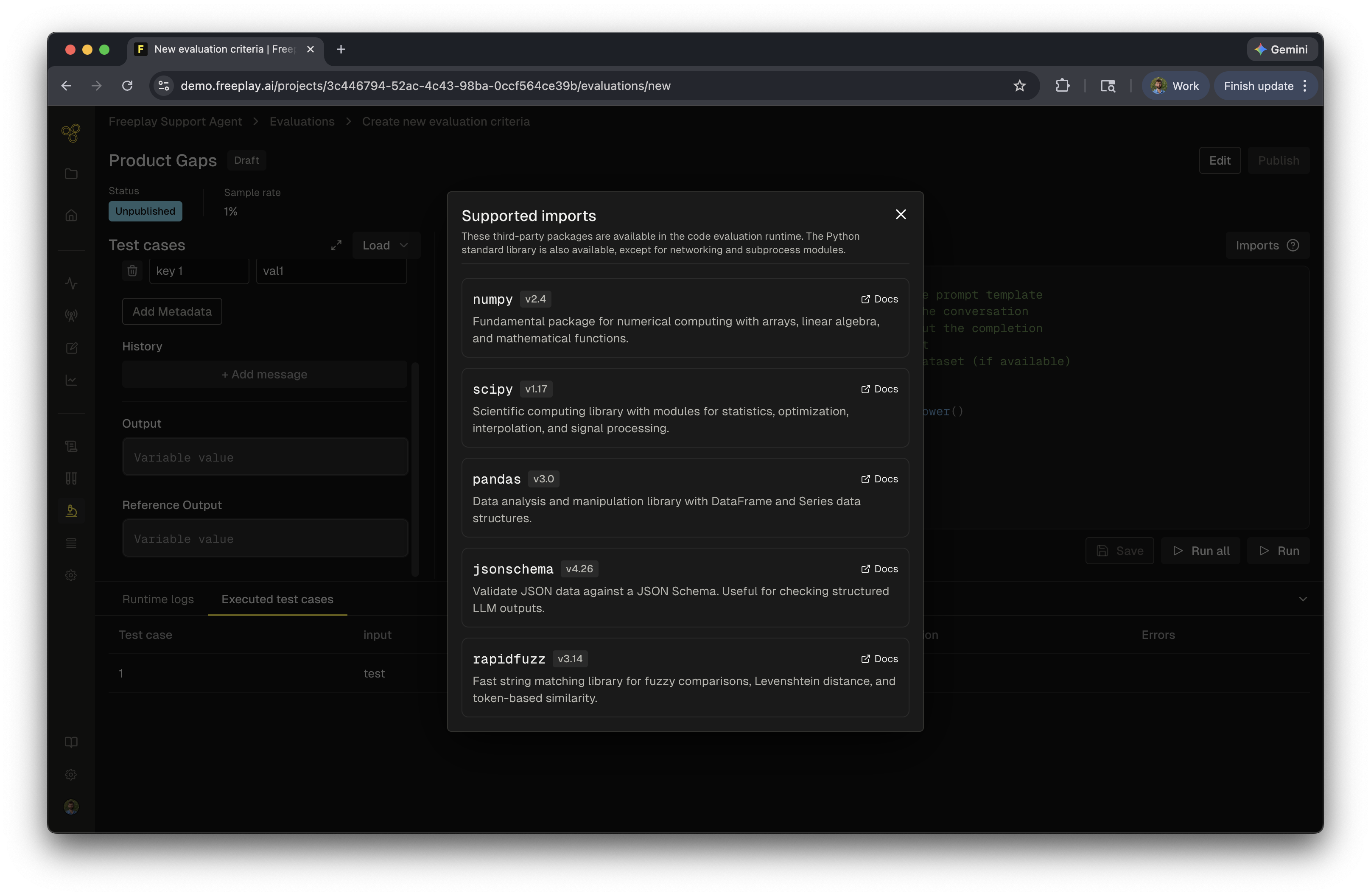 Available libraries panel in the code evaluation editor