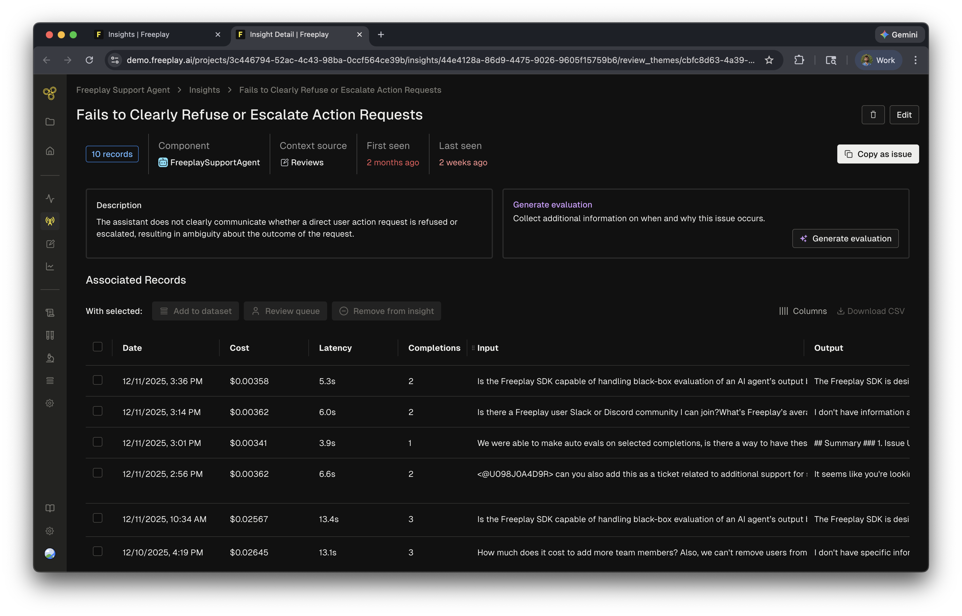 Review Insights panel showing identified patterns across reviewed completions