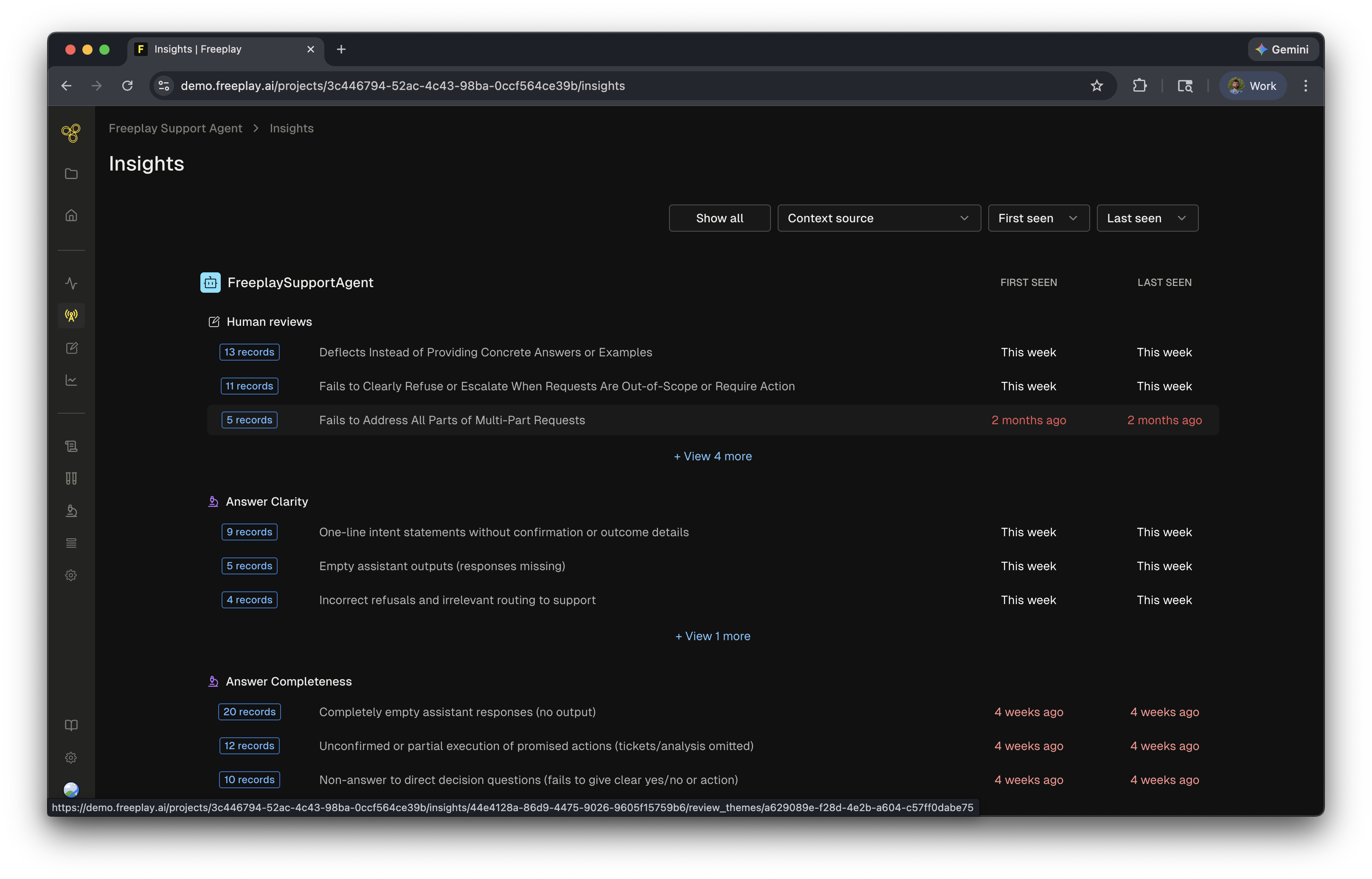 Insights tab showing generated findings with severity levels and linked traces