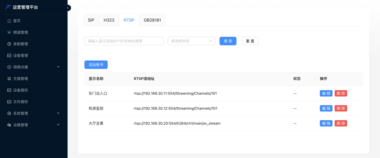 RTSP 流列表