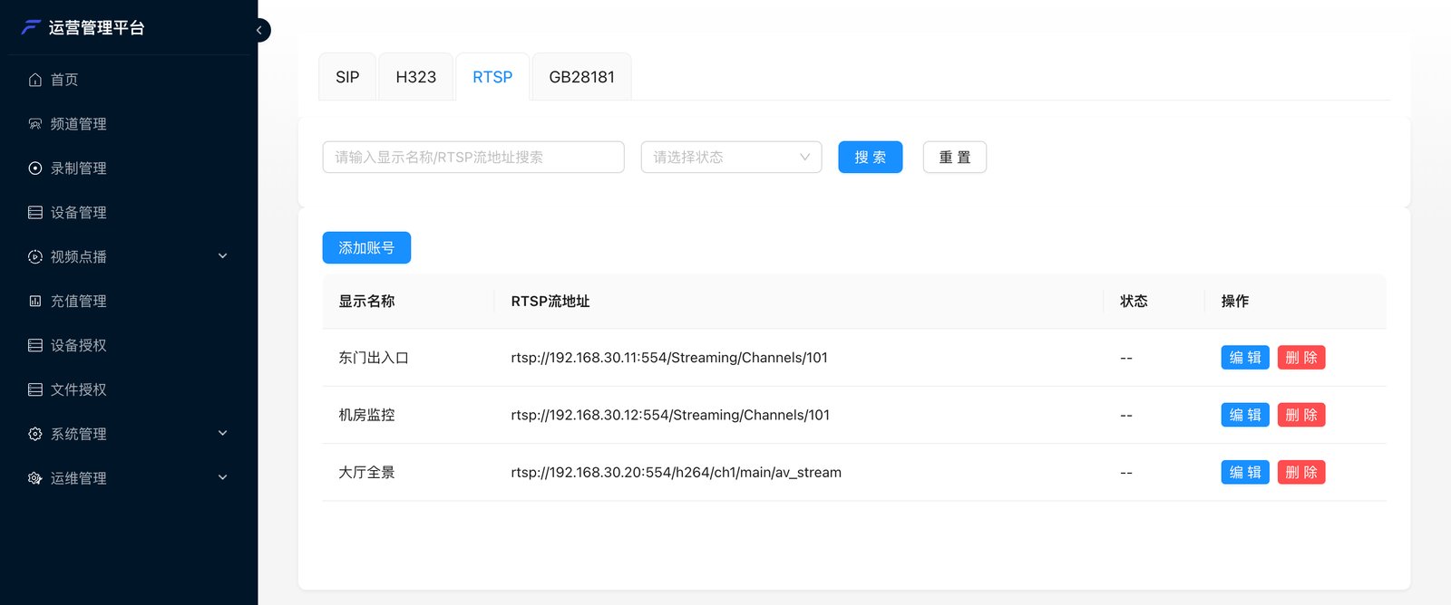 RTSP 流列表