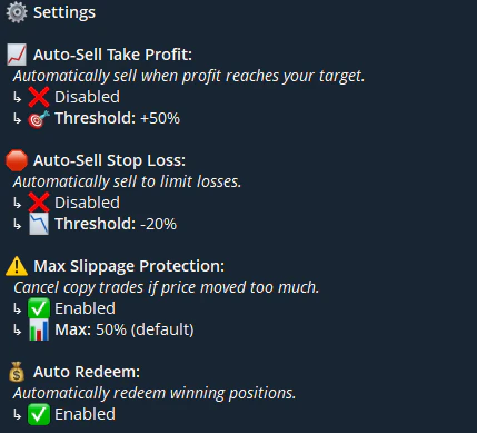 Trading Settings from Telegram