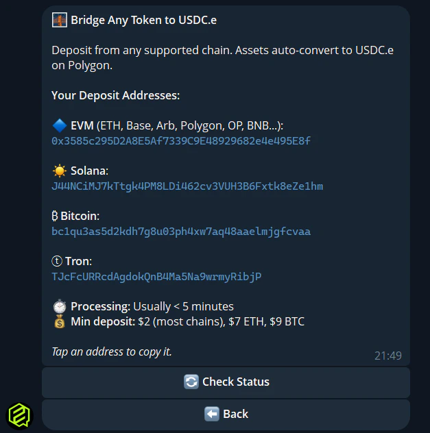 Bridge options in Telegram