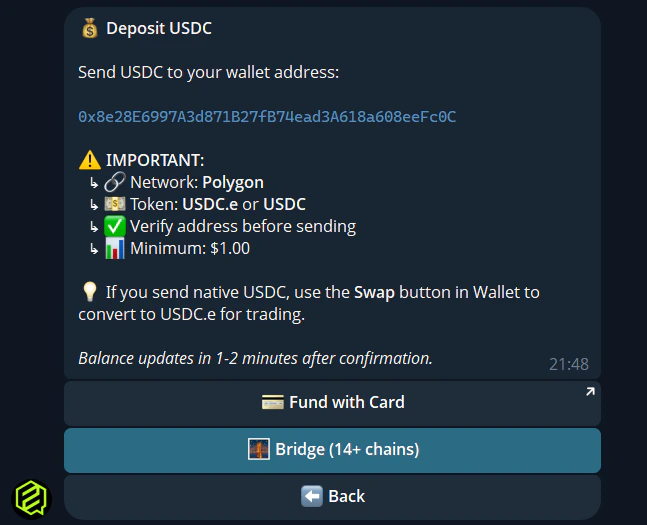 Deposit funds via Telegram