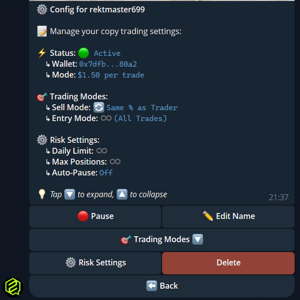 Edit copy trading settings in Telegram