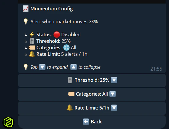 Momentum alerts settings in Telegram