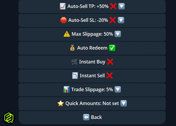 Telegram bot trading settings