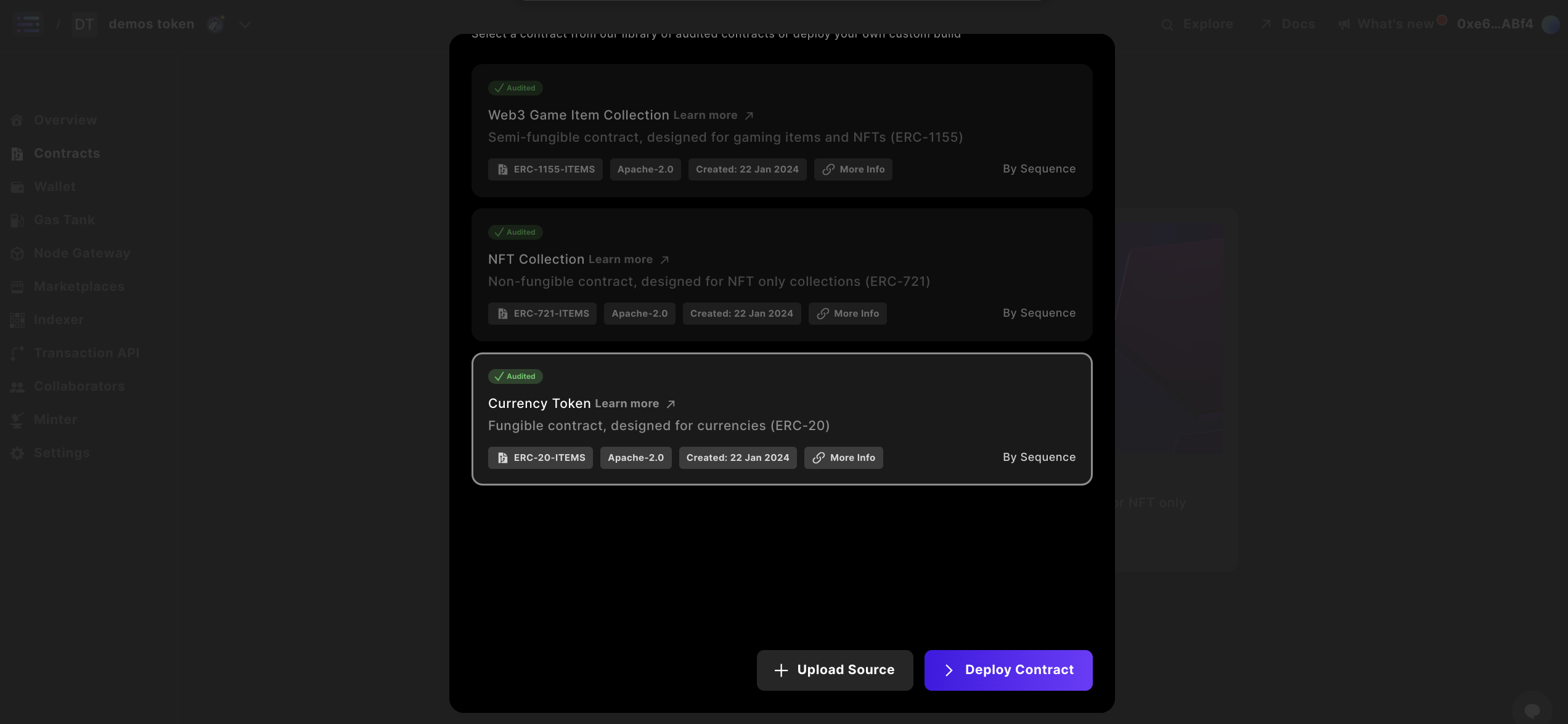seleccionar token de moneda y botón de deploy