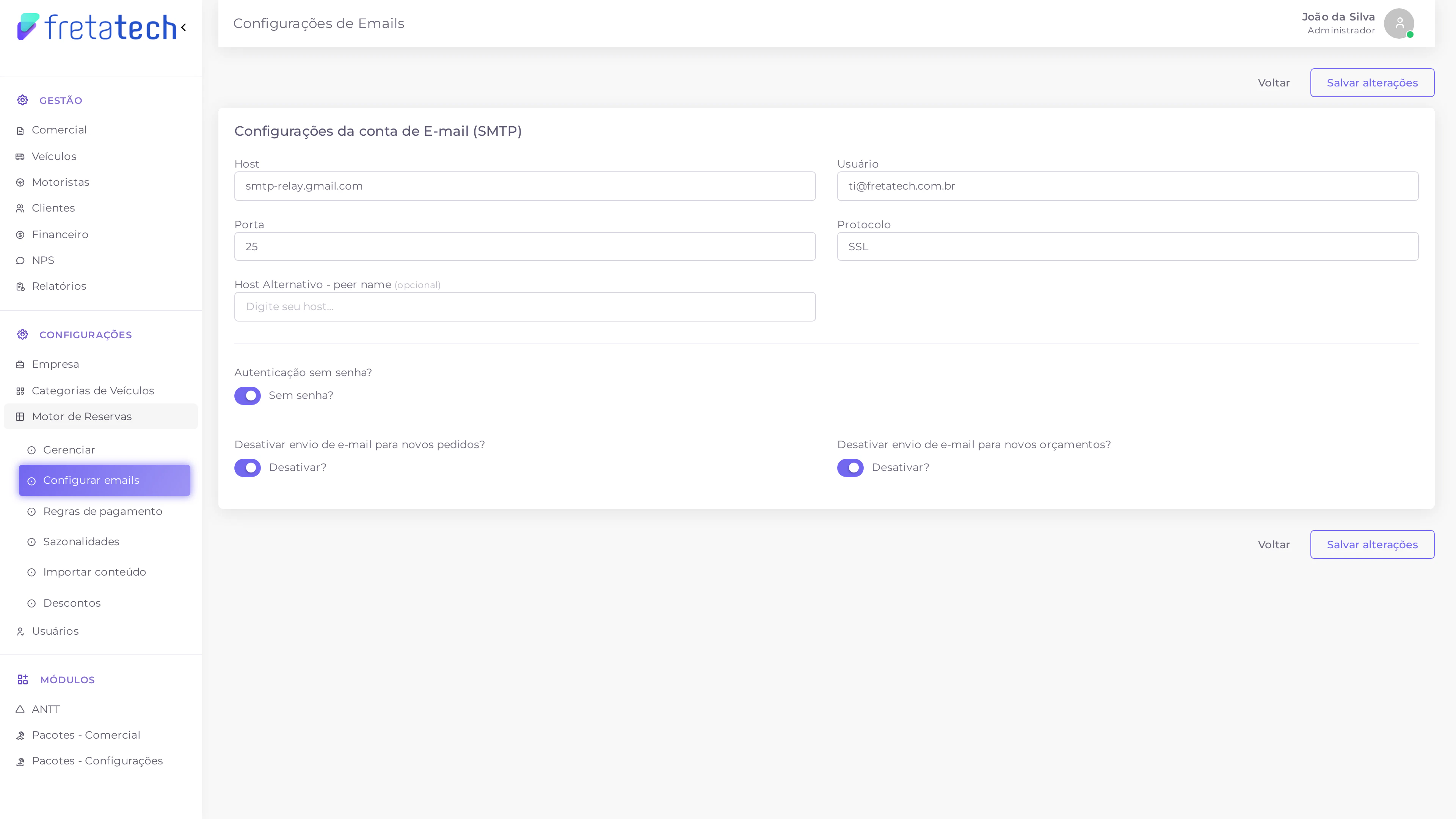 Página de configuração de emails