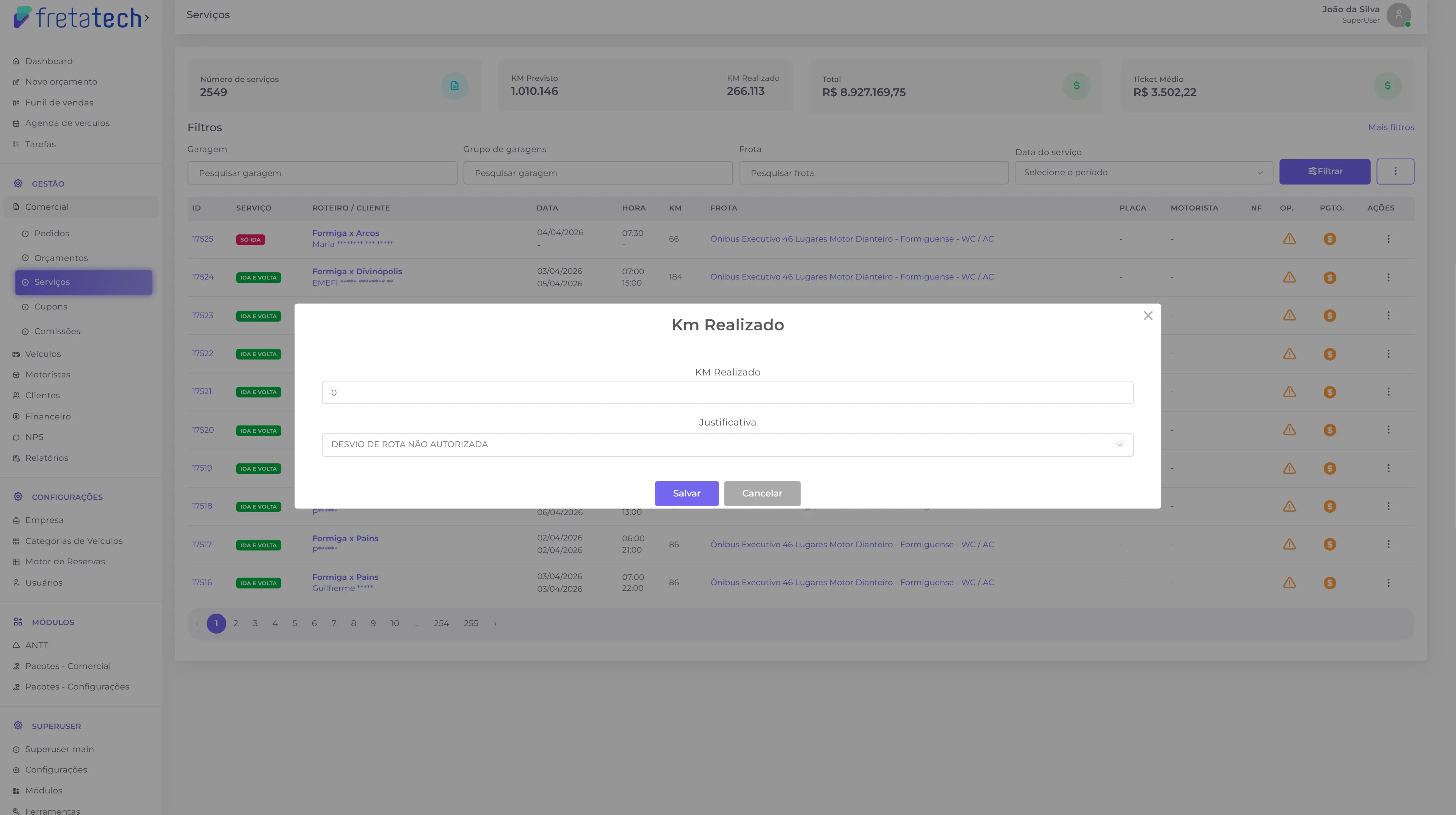 Modal para definir KM realizado