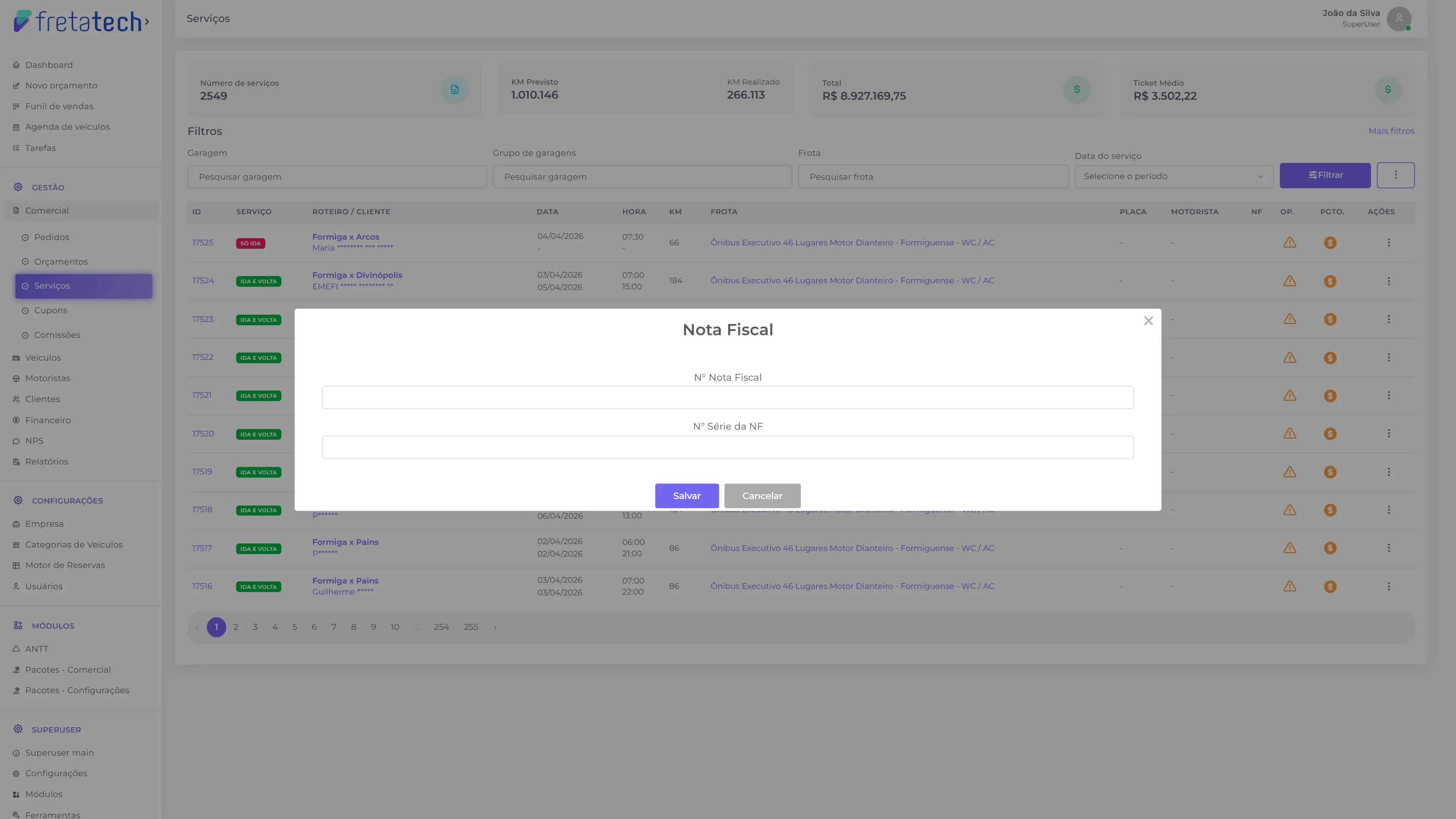 Dropdown de ações - nota fiscal