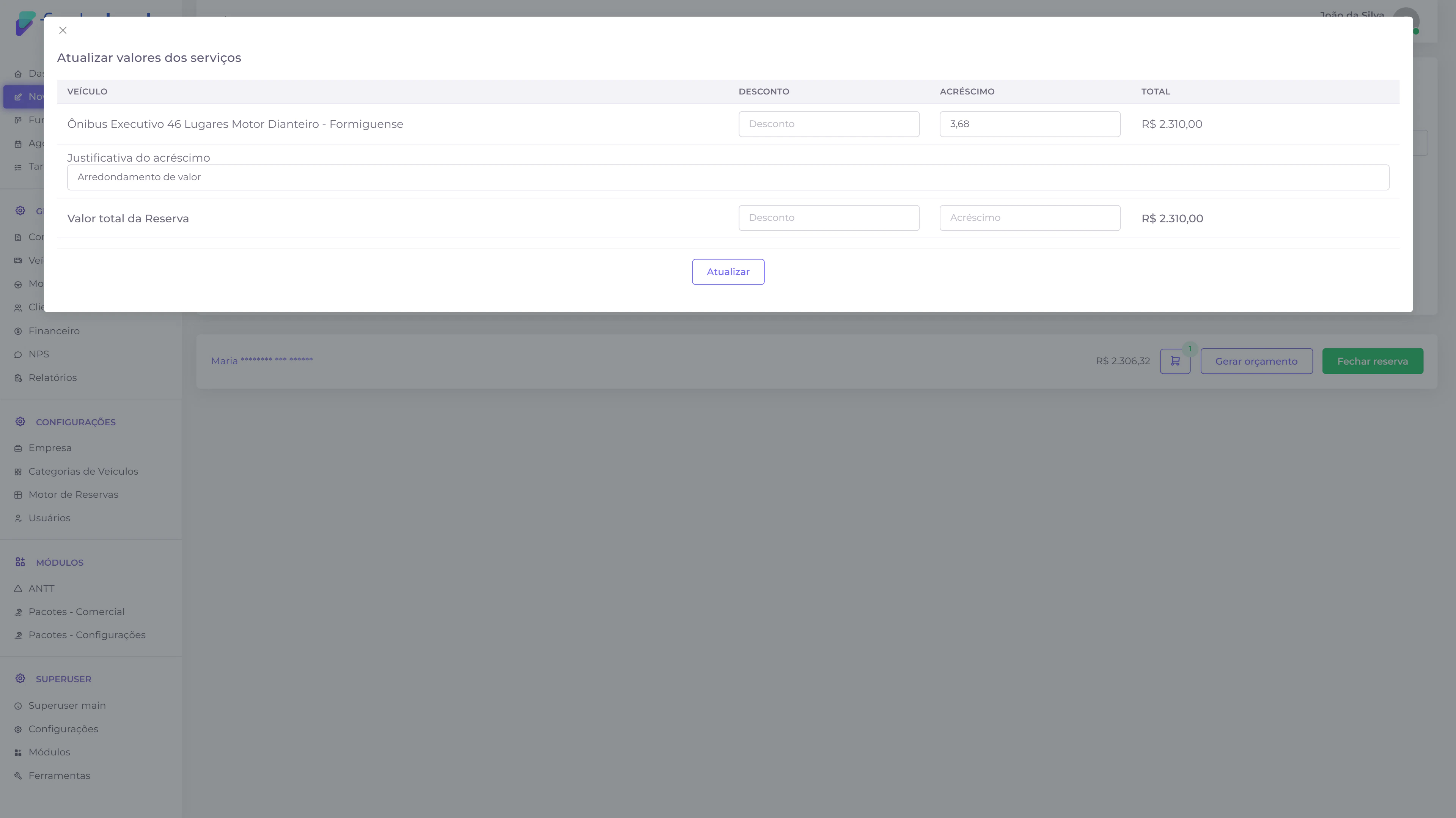 Modal de acréscimo e desconto