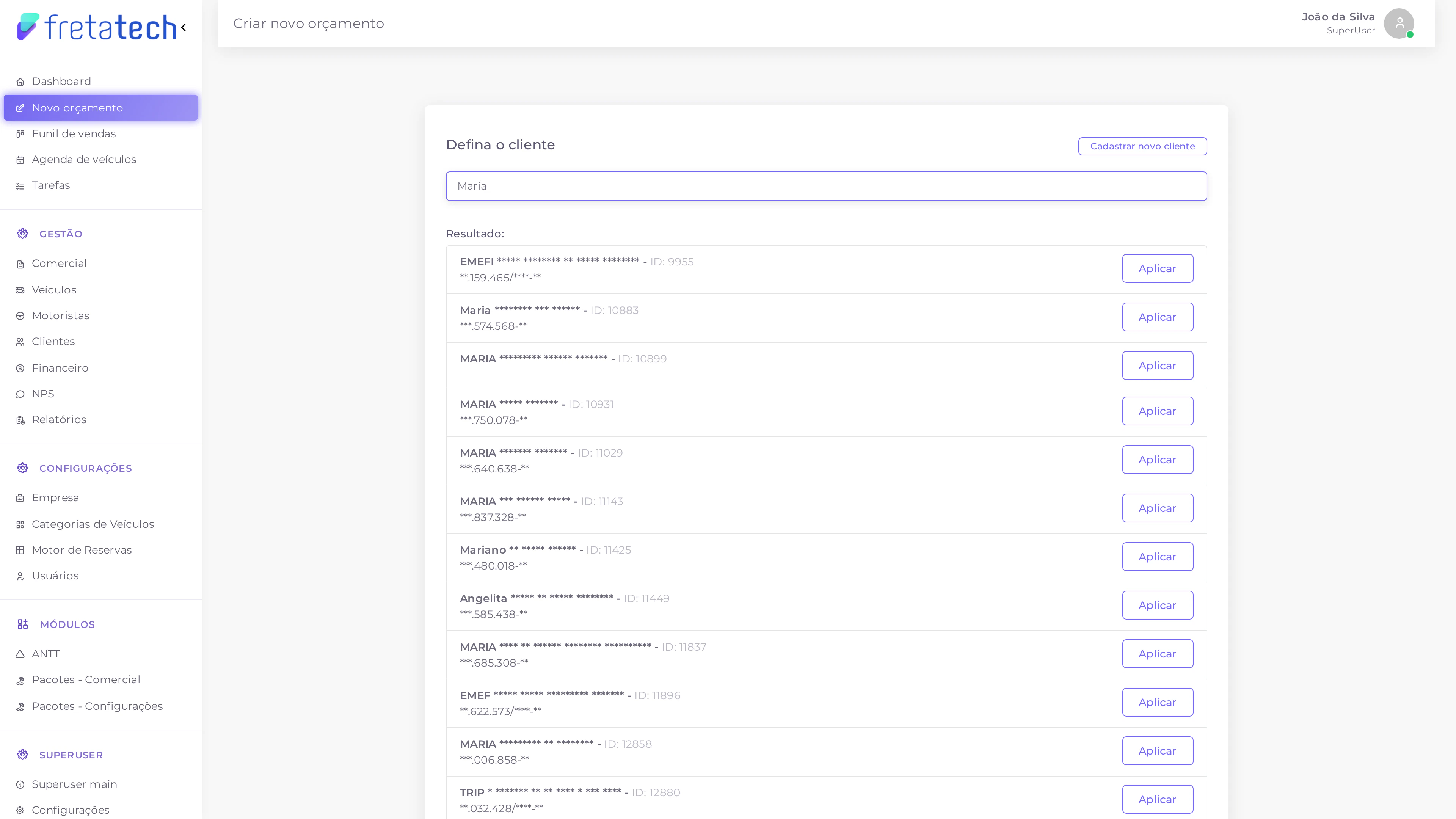 Resultado da busca de cliente