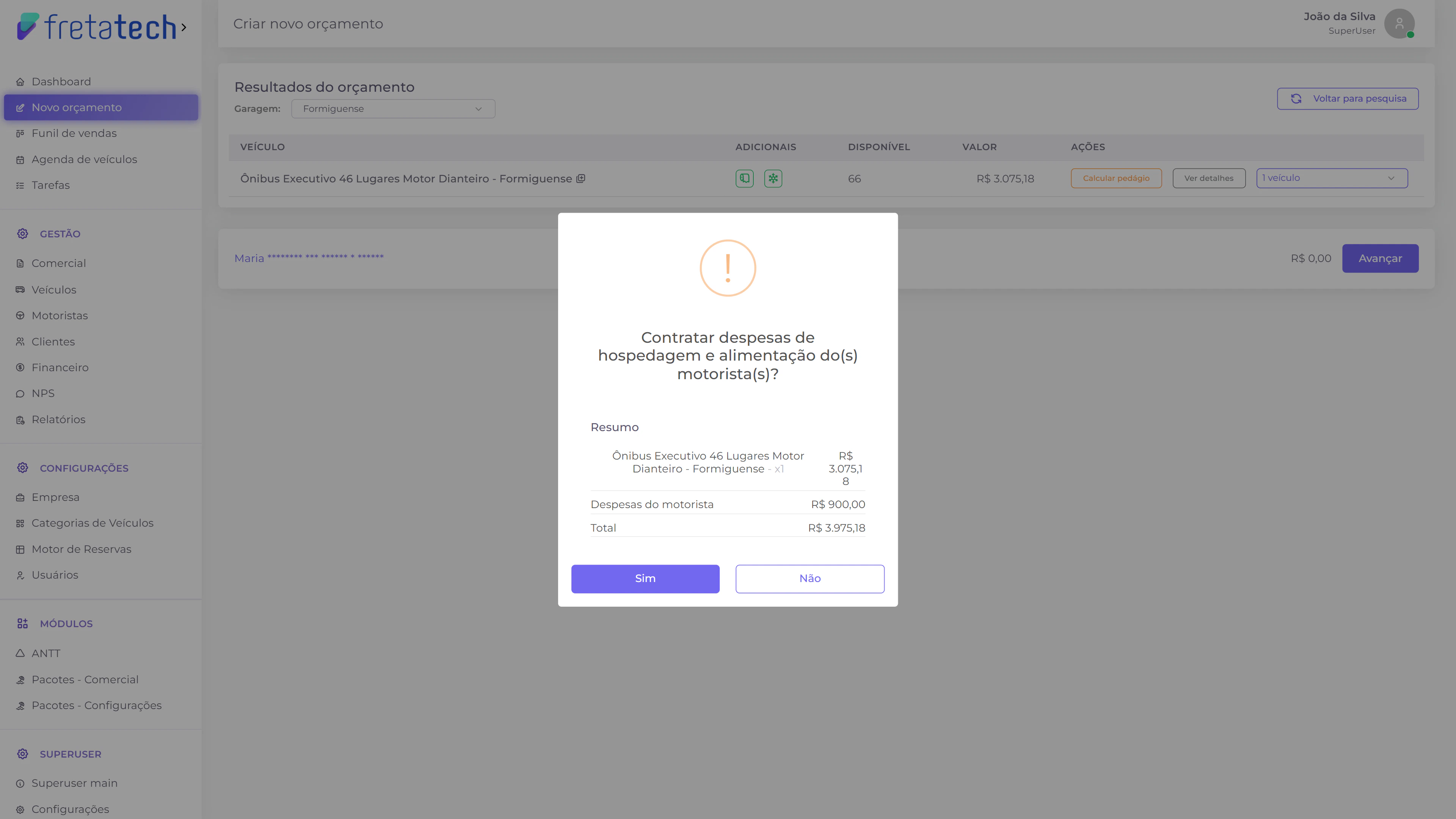 Modal de despesas do motorista