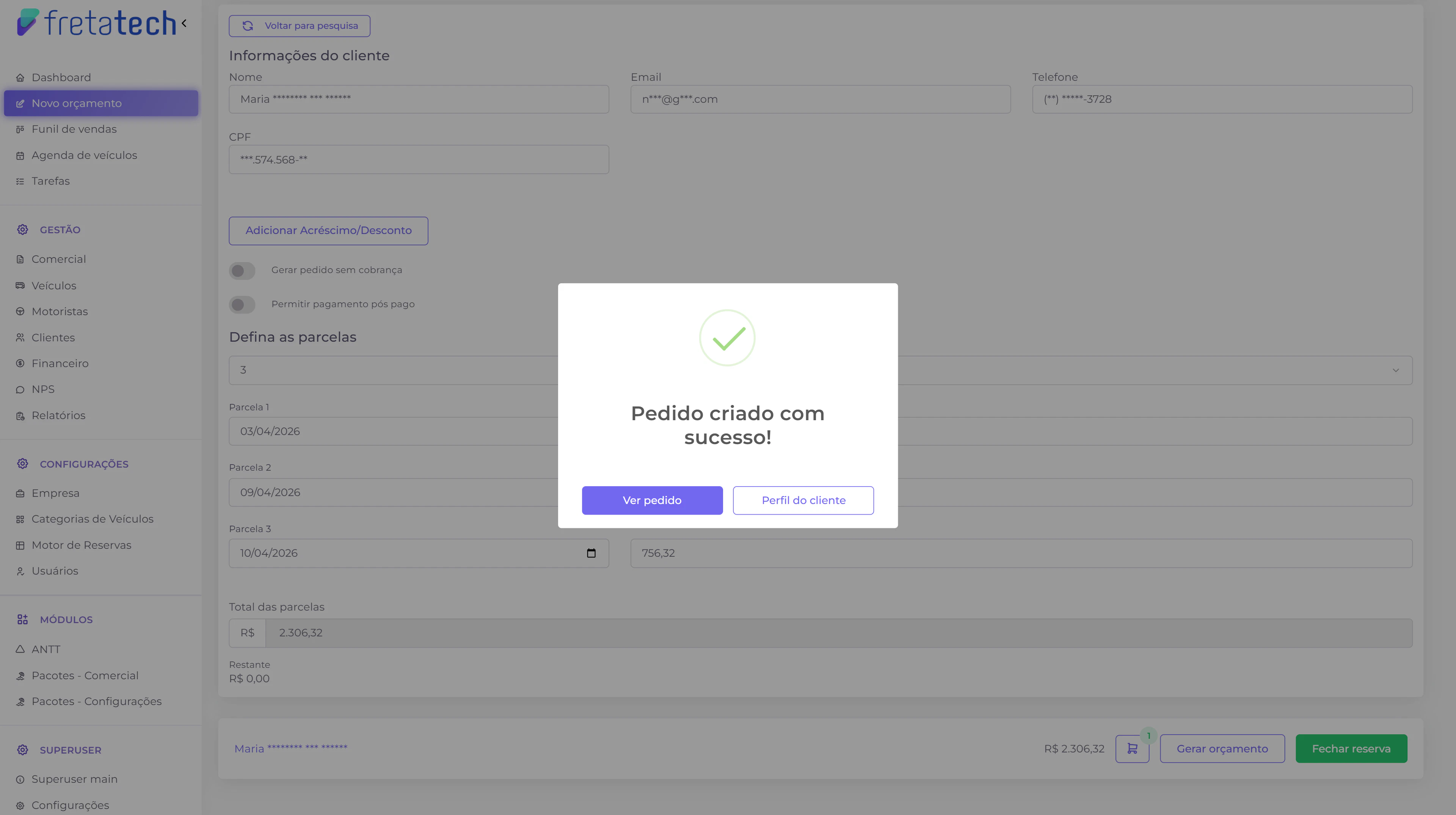 Modal de pedido criado com sucesso
