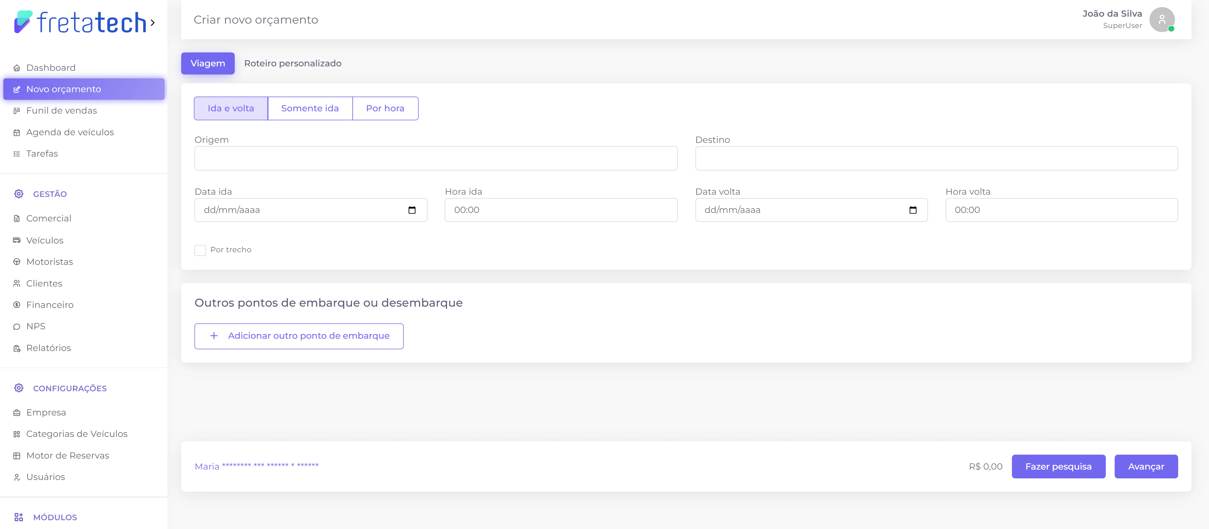 Formulário ida e volta